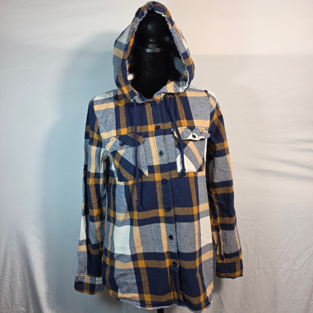 Destined Womens Hooded Flannel Shirt Plaid Navy Mustard Yellow Cotton Medium W61